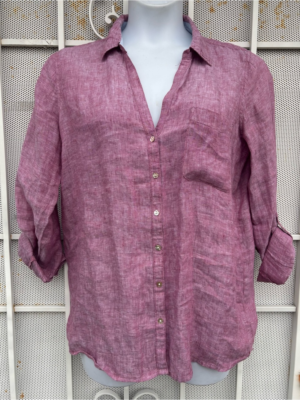 Sigrid Olsen L Women's Lightweight Button-Front Linen roll tab L/S Shirt - Rose